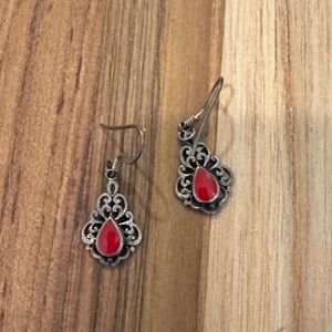 Elegant red stone and stamped Silver Teardrop Earrings